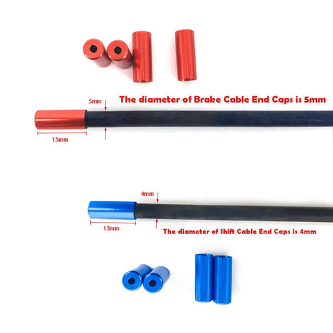 Close-up of 5mm red and 4mm blue Cable End Caps from 50 Piece Aluminum Alloy Bike Cable End Caps Kit For 4mm And 5mm Derailleur And Brake Wires Ferrule Set For Shifter Housings 5 Colors With 10 Pieces Each Durable CNC Machined Aluminum Keep Cables Protected And Looking Fresh.