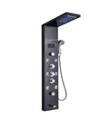Premium Black Thermostatic Shower Mixer Panel With Slick LED Digital Temp Readout Top Shelf Rainfall Head And Killer Body Massage Sprays Hella Efficient Handheld Wand Quick Wall Mount Setup mounted on wall, showcasing sleek black finish and chrome controls.