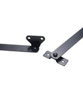 2-Pack Black Lid Support Hinges, rotatable folding hinges for cabinet, made of durable iron, shown in separate segments.