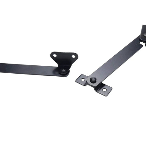 2-Pack Black Lid Support Hinges, rotatable folding hinges for cabinet, made of durable iron, shown in separate segments.