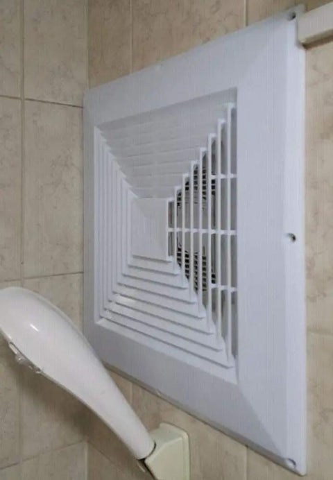 Reinforced Plastic Return Air Grille For Sidewall Or Ceiling Vents, Slick Square 11.8 X 11.8 Inches, HVAC Duct Cover Diffuser, Decorative Vent Grille For Home Office, 30 X 30 Cm installed on tiled wall.