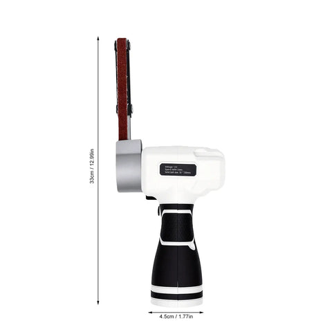 NoSweat 12V Cordless Detail Belt Sander, Brushless Motor, Adjustable Flex Head, profile view showing sanding belt.