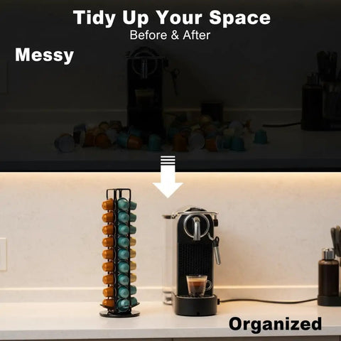 Before and after of messy to organized countertop with Rotating Nespresso OriginalLine Pod Holder Carousel For Countertop.