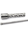 Front view of a 2-piece annular cutter set: 3/4 in diameter cutter with Weldon shank and long HSS drill bit