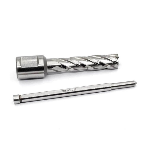 Front view of a 2-piece annular cutter set: 3/4 in diameter cutter with Weldon shank and long HSS drill bit