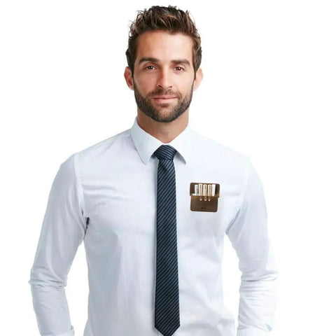 Man wearing shirt with Mens Pocket Protector Full Grain Leather Heavy Duty Pen Holder For Shirts And Lab Coats Holds Six Pens Pointers And Cards