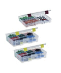Stacked removable trays of Stow N Go Toolbox Pro Rack Organizer With Top Toolbox And Graphite Gray And Sandstone Finish.
