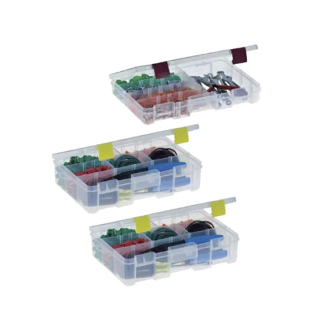Stacked removable trays of Stow N Go Toolbox Pro Rack Organizer With Top Toolbox And Graphite Gray And Sandstone Finish.