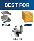 Image showing materials: metal, wood, and plastic, labeled 'Best For' with icons representing appropriate drilling materials.