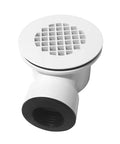 Heavy Duty PVC Side Outlet Drain Assembly Featuring Snug Silicone Rings For Low Profile Shower Bases And Smooth Tile Floors Built Damn Tough Daily Performance, showing white drain with grid cap.