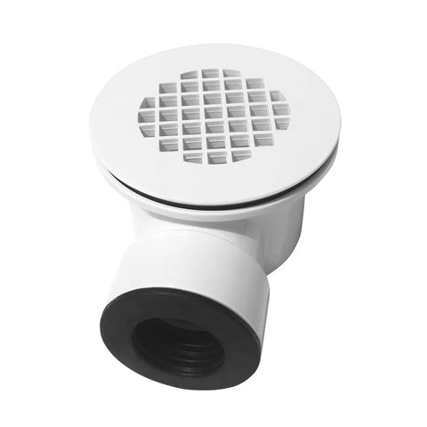 Heavy Duty PVC Side Outlet Drain Assembly Featuring Snug Silicone Rings For Low Profile Shower Bases And Smooth Tile Floors Built Damn Tough Daily Performance, showing white drain with grid cap.