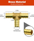 25 Pack One Half Inch PEX Fittings Tee Brass For PEX Tubing Pipe Quick Connects with measurement details