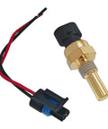 Plug And Play Engine Coolant Temperature Sensor With Pigtail Connector Harness for Chevy GMC Buick Cadillac Saturn showing gold sensor and connector.