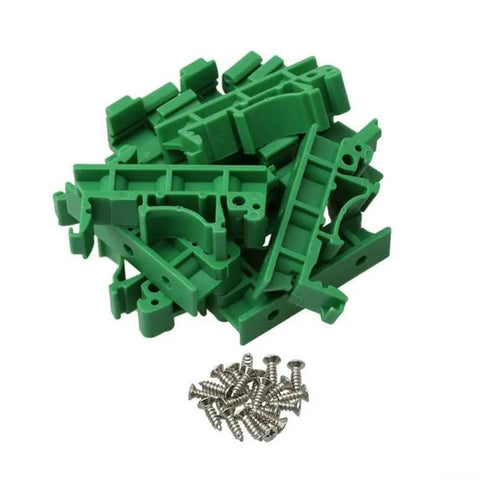 Rock Solid DIN Rail PCB Mounting Bracket 35mm Green Plastic Secure Vibration Resistant Mounting Clamp For Standard 35mm DIN Rails In Industrial Environments Easy Snap In Design For Quick Installation And Stable Performance In Dusty Harsh Environments. green brackets with screws