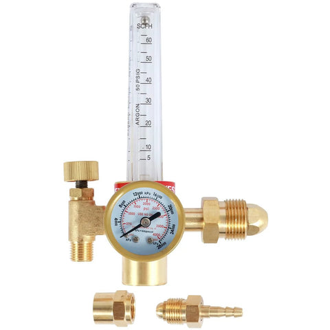 Gold-colored brass argon/CO2 MIG/TIG flow meter regulator with vertical 0–60 SCFH tube and gauge; includes two brass adapters