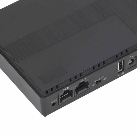 Compact 10400mAh UPS Battery Backup With 36W Output ports for LAN, POE, USB, and voltage selector on a black casing.