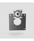 Rock Solid Hollow Rotary Actuator Featuring A True 360 Degree Swivel Stage And 18 To 1 Gearbox, front view showing metal frame and clear center bore.