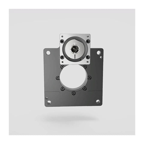 Rock Solid Hollow Rotary Actuator Featuring A True 360 Degree Swivel Stage And 18 To 1 Gearbox, front view showing metal frame and clear center bore.
