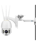Universal L Shape Dome Camera Bracket for wall mounts, supporting a white security camera with cable management, heavy-duty steel build.