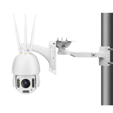 Universal L Shape Dome Camera Bracket for wall mounts, supporting a white security camera with cable management, heavy-duty steel build.