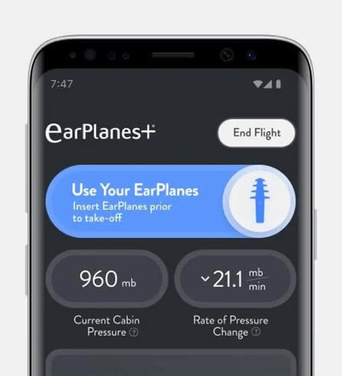 EarPlanes+ app screen for Plus 3 Pairs Of Latex Free Earplugs For Flying Adult Size With CeramX Filter Technology