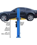 Heavy Duty Two Post Vehicle Lift With Baseplate And Open Top Design For Low Ceiling Garages, 8000 Lb Beefy Load Limit, showing black car lifted.