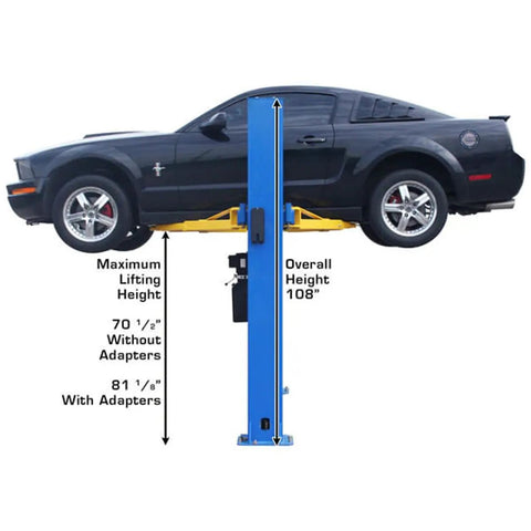 Heavy Duty Two Post Vehicle Lift With Baseplate And Open Top Design For Low Ceiling Garages, 8000 Lb Beefy Load Limit, showing black car lifted.