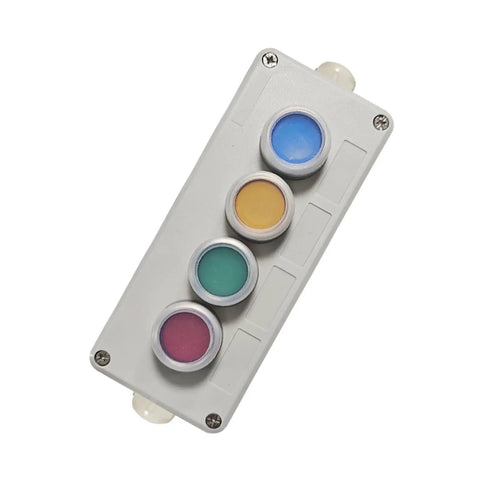 Control panel for Four-Stack LED Industrial Signal Tower Light with blue, yellow, green, red buttons, no sound, 24V DC