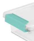 Close-up of a clear plastic storage bin with green latch, part of the 12 Pack Clip Box Stackable Clear Plastic Storage Bins With Latching Lids