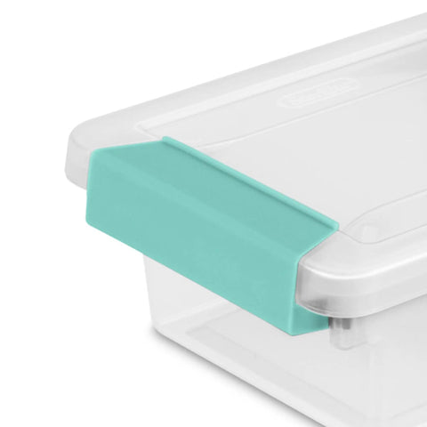 Close-up of a clear plastic storage bin with green latch, part of the 12 Pack Clip Box Stackable Clear Plastic Storage Bins With Latching Lids