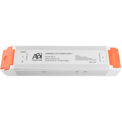 24V LED Strip Light Power Supply And Triac Dimmable Driver 120W device with orange ends, converts 120V AC to 24V DC.