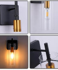 Black Gold Wall Sconces Set Of Two With Clear Glass Shades Modern Metal Vanity Lights for Bathroom Bedroom Hallway and Living Room