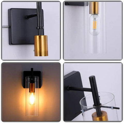 Black Gold Wall Sconces Set Of Two With Clear Glass Shades Modern Metal Vanity Lights for Bathroom Bedroom Hallway and Living Room