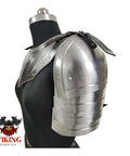 Close-up of Gothic Steel Gorget With Pauldrons Shoulder Guard Set For LARP And SCA Knights on mannequin, silver finish, side view