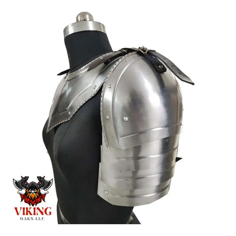 Close-up of Gothic Steel Gorget With Pauldrons Shoulder Guard Set For LARP And SCA Knights on mannequin, silver finish, side view