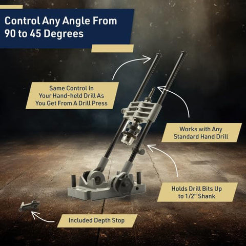 Portable Drill Guide Jig Converts Your Hand Drill Into A Portable Drill Press For Woodworking shown with depth stop and adjustable angle.