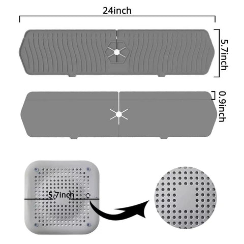 24 Inch Silicone Faucet Splash Guard Mat With Drip Catcher Tray And 2 Pack Drain Hair Catchers Suction Cup Drain Covers shown in detail
