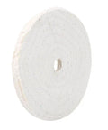 Side view of 4-inch white cotton buffing wheel for jewelry and metal polishing with mirror finish.