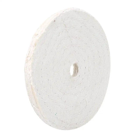 Side view of 4-inch white cotton buffing wheel for jewelry and metal polishing with mirror finish.