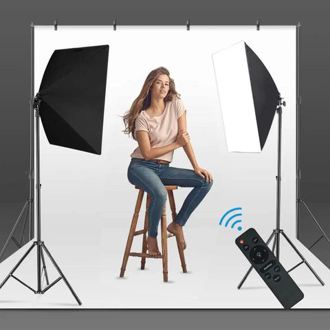 Softbox Lighting Kit For Studio Portraits And Product Shots, Dual 19.7 By 27.5 Inch Light Boxes, 2x 85W LED, Remote Control Shown
