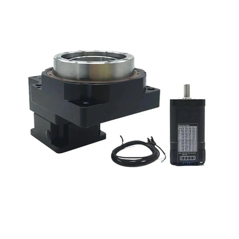 Hella Precise CNC Hollow Rotary Table With Nema17 Stepper Motor And 40Mm Servo Reducer, black rotary base with NEMA 17 motor for inspection.