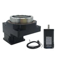 No Nonsense Cnc Hollow Rotary Table With Nema17 Stepper Motor And Tight Gear Reducer, black unit with motor, used for precision positioning.