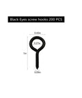 Built Tough Black One Inch Screw Eye Hooks Two Hundred Pack For Jewelry Making Ornament Hangings Rust Corrosion Resistant Metal Hardware No Sweat Quick Mounts Gear, showing dimensions.