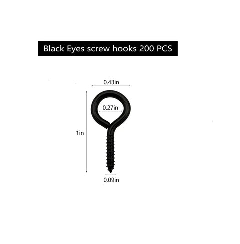Built Tough Black One Inch Screw Eye Hooks Two Hundred Pack For Jewelry Making Ornament Hangings Rust Corrosion Resistant Metal Hardware No Sweat Quick Mounts Gear, showing dimensions.