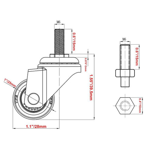 Technical diagram of 4 Pack 1 Inch Swivel Caster Wheels With Mini Threaded Stem M6x15mm Rubber TPE For Small Furniture And Equipment Ideal For Coffee Tables Plant Stands Bookshelves Shoe Bins Toy Bins Shopping Carts And Benches