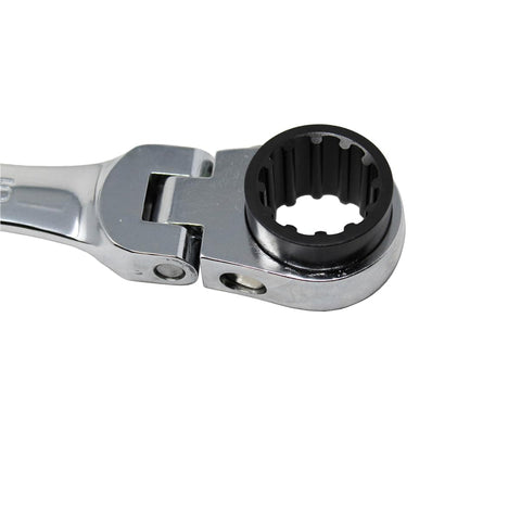 Close-up of dual rotating heads on Extra Long Flexible Ratcheting Wrench With 90 Tooth Design for tight spots and easy reach.