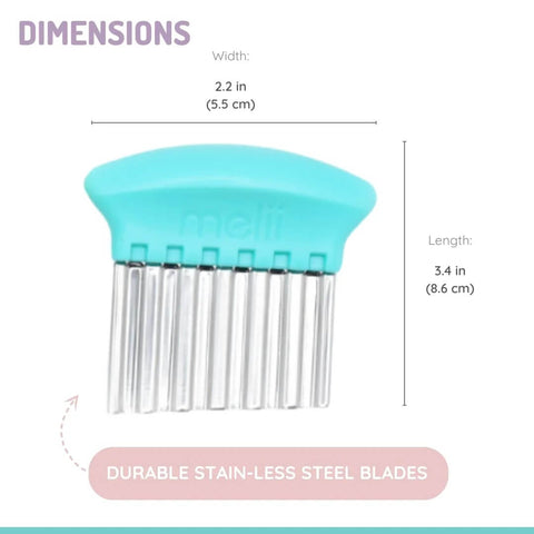 Front view of melii stainless steel crinkle cutter with blue handle for cutting vegetables