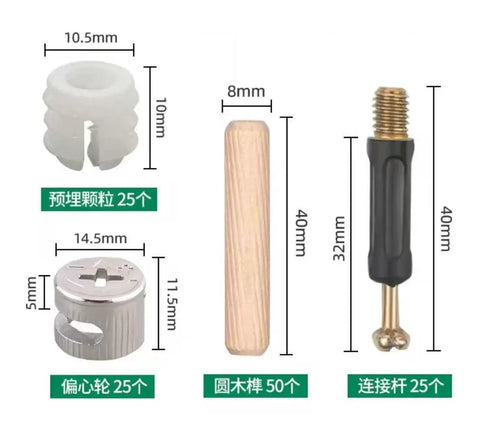 Stainless Steel Dowel Pin Shelf Support Kit With 25 Cam Fittings 25 Preinserted Nuts 25 Wooden Dowels And 50 40mm Dowels For Quick Durable Furniture Assembly, cam nut and 40mm dowel parts