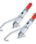 Two Piece Quick Holding Draw Latch With Action Pull J Hook Toggle Clamp For Cabinets Drawers Boxes Toolboxes And Cases Hasps Hardware 143mm By 49mm Durable Steel Construction Great For Home Workshop Projects showing silver toggle clamps with red handles