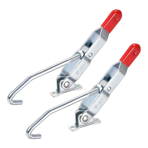 Two Piece Quick Holding Draw Latch With Action Pull J Hook Toggle Clamp For Cabinets Drawers Boxes Toolboxes And Cases Hasps Hardware 143mm By 49mm Durable Steel Construction Great For Home Workshop Projects showing silver toggle clamps with red handles
